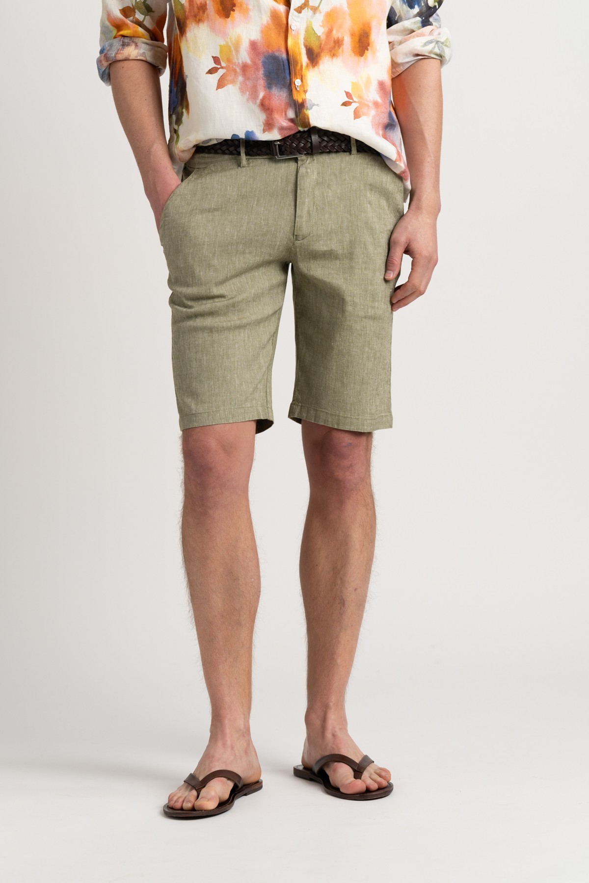 Linen-blended men's kaki bermuda |  Quality brand Europann 